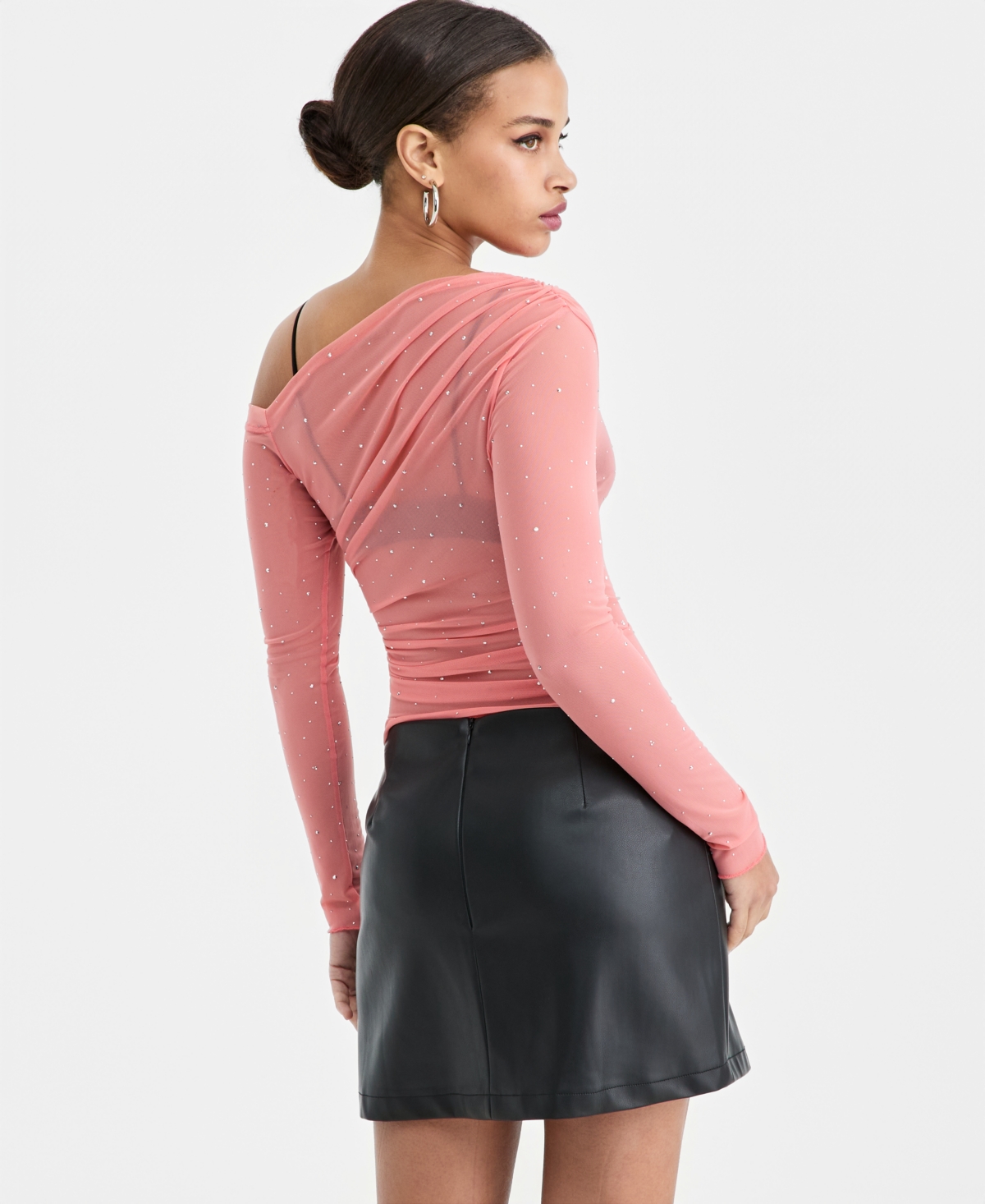 Bar Iii Women's Asymmetric Embellished Mesh Top, Macy's Exclusive In Pink