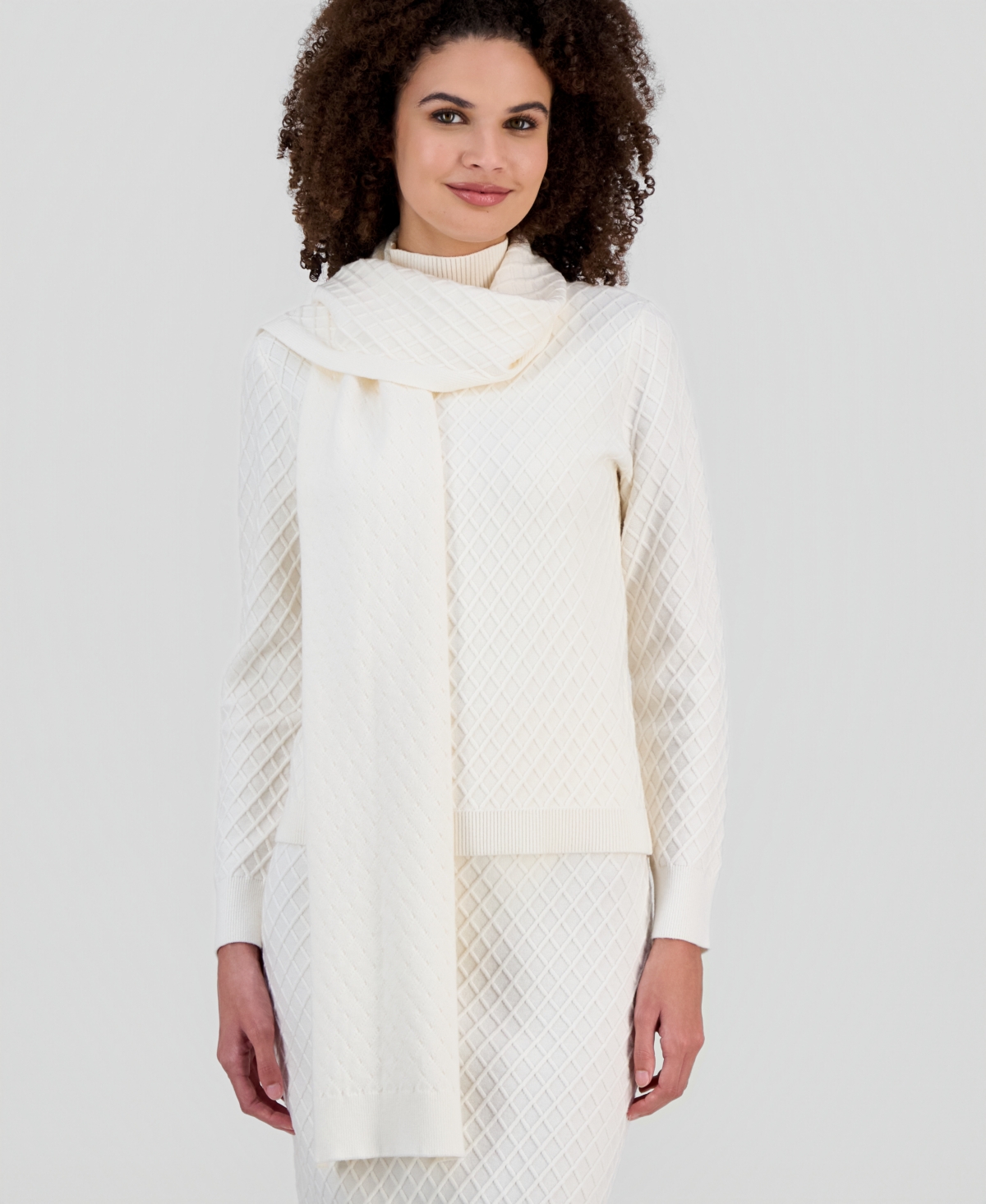 Anne Klein Women's Diamond-stitch Mock Neck Scarf Sweater In White