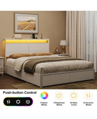 Modern Full Size Bed Frame with 4 Storage Drawers & LED Headboard & Charging Station