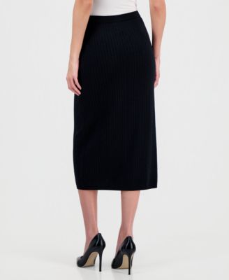 Women's Merino Wool Ribbed Knit Faux-Wrap Midi Skirt