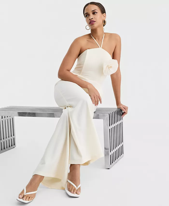 Women's Rosette Halter Neck Wide-Leg Jumpsuit - thumbnail 2