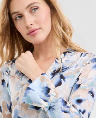 Women's Printed V-Neck Split-Cuff Blouse