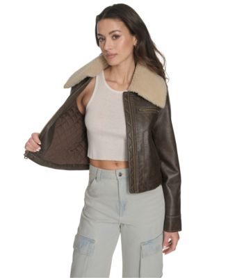Women's Regular Faux Leather Aviator Jacket