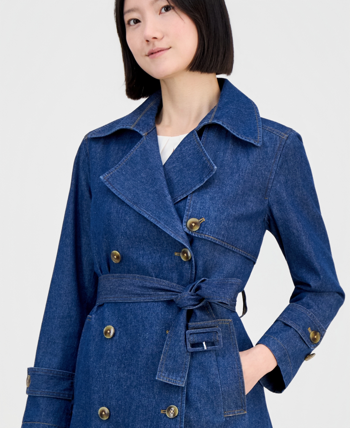 Anne Klein Women's Double-Breasted Cotton Denim Trench Coat