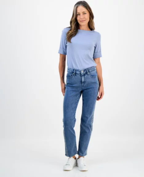 Petite Embroidered High Rise Straight-Leg Jeans - Embroidery Pomona