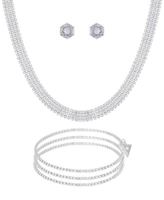 GUESS - 3-Pc. Cubic Zirconia Metal-Tone Choker Necklace, Stud Earrings, and Bracelet Set