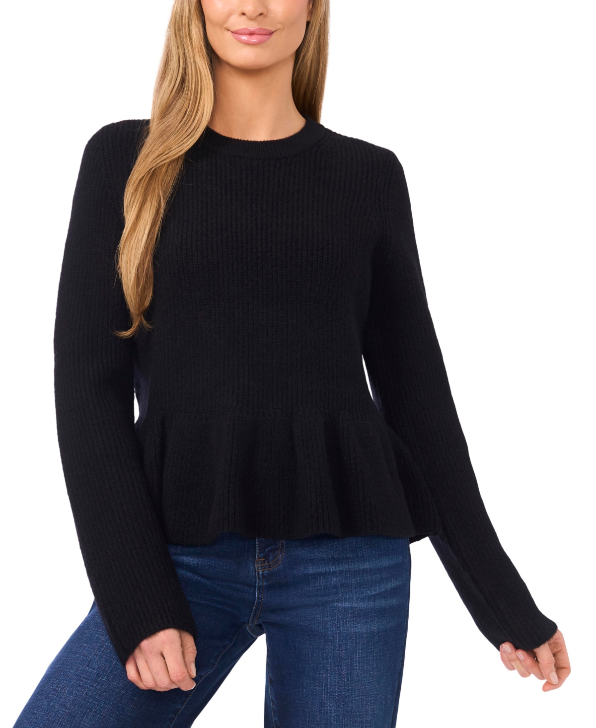 Cece Women's Peplum Pull On Long Sleeve Sweater In Black