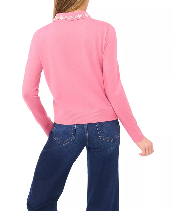 Women's Collared Neck Embellished Polo Sweater - thumbnail 3