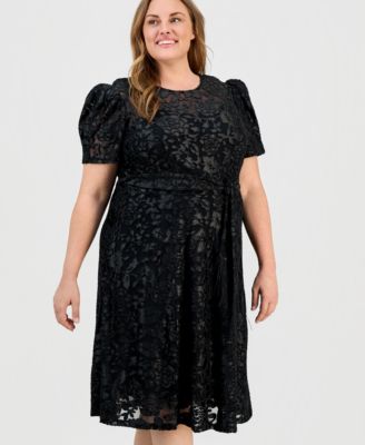 Plus Size Puff-Sleeve Burnout Midi Dress
