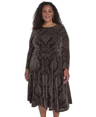 Plus Size Ruched Waist Jewel Neck Midi Dress