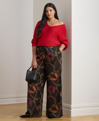 Lauren Ralph Lauren - Plus Size Belting-Print Charmeuse Wide-Leg Pant