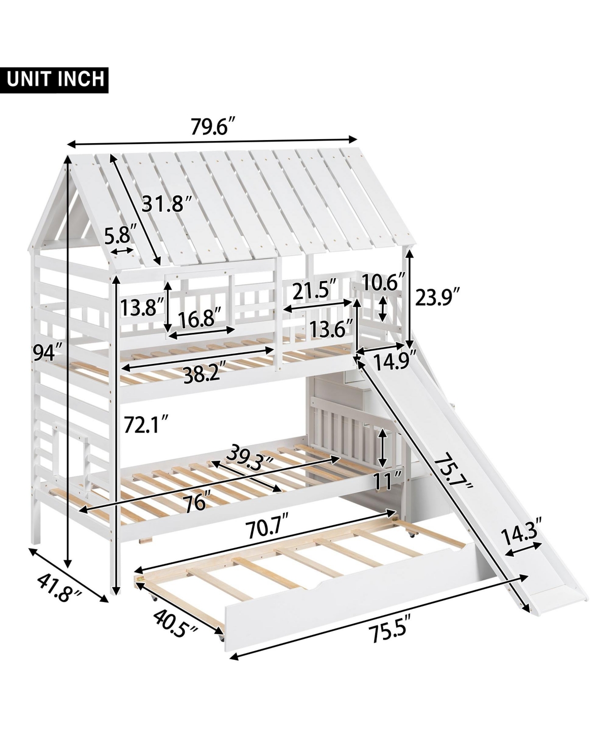 Boyel Living Twin over House Bunk Bed with Trundle and Slide, Storage Staircase, Roof Window Design