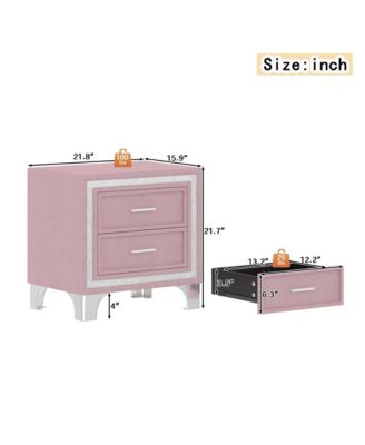 Velvet Nightstand with Silver Glitter Strips Vintage Bedside Table with 2 Drawers & Metal Legs