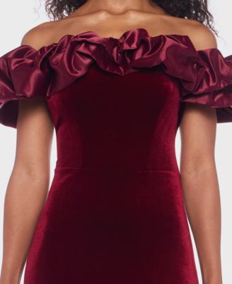 Juniors' Velvet Ruffled Off-The-Shoulder Gown