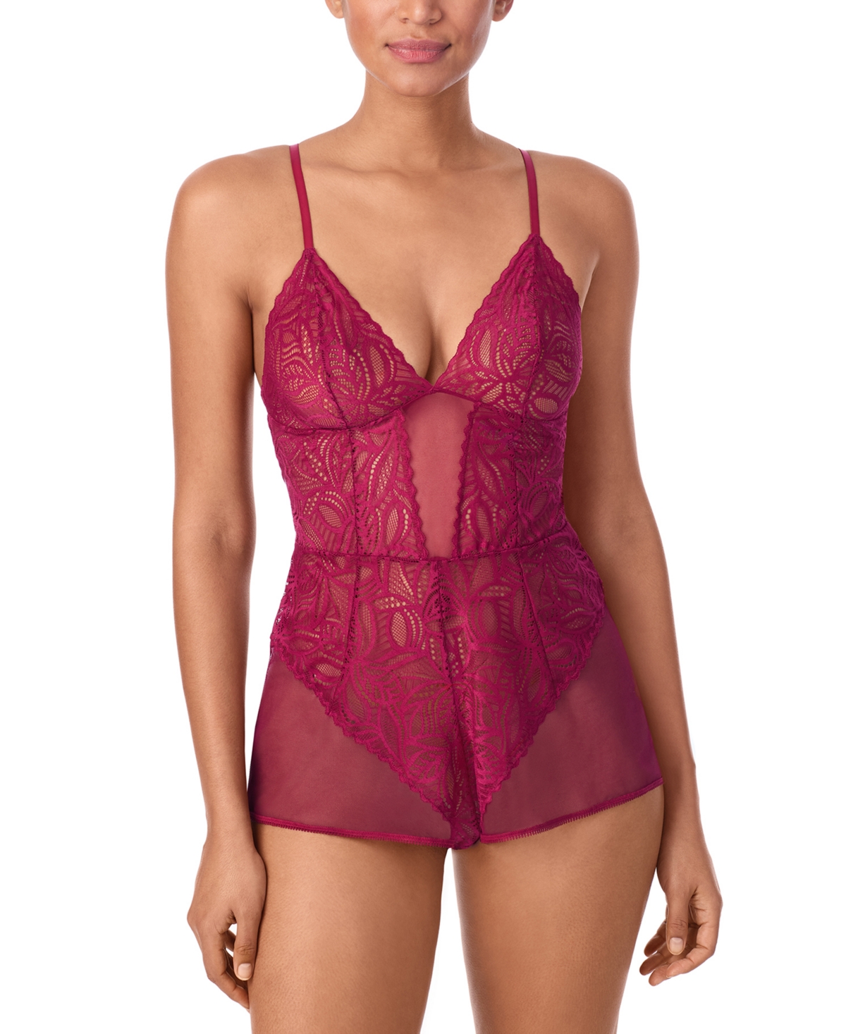 Dkny Deco Lace & Mesh Romper In Purple