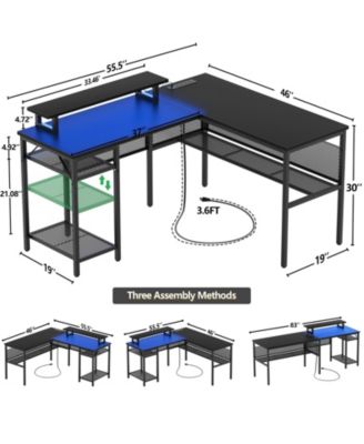 55.5'' Reversible L-shaped Desk with Power Outlets and RGB LED Lights, Computer Table with CPU Stand and Monitor Stand