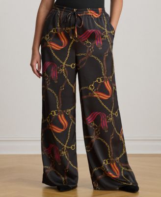 Plus Size Belting-Print Charmeuse Wide-Leg Pant