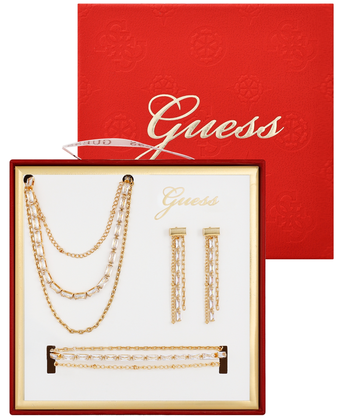 Guess 3-pc. Cubic Zirconia Gold-tone Multi-chain Necklace, Drop Earrings, And Bracelet Set In Gold