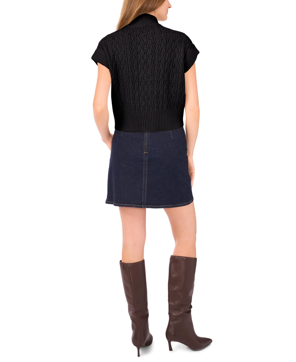 Vince Camuto Women's Pointelle Mock-neck Front Zip Sweater In Black