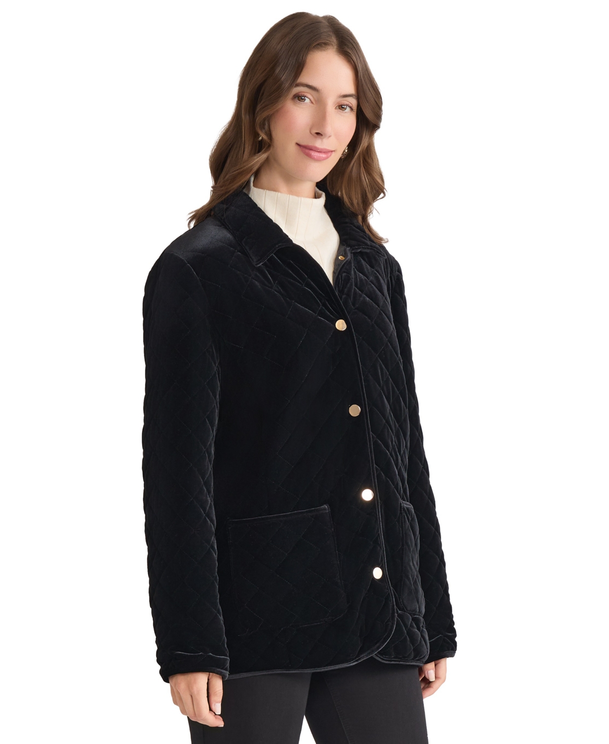 Jones New York Women's Quilted Velvet Snap-front Jacket In Black