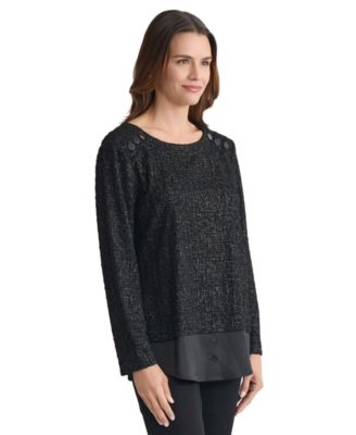 Petite Long-Sleeve Foil Detail Top