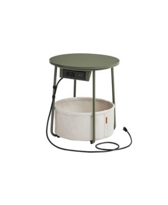 Round End Table with Basket and Outlets, Matte White & Caramel Brown