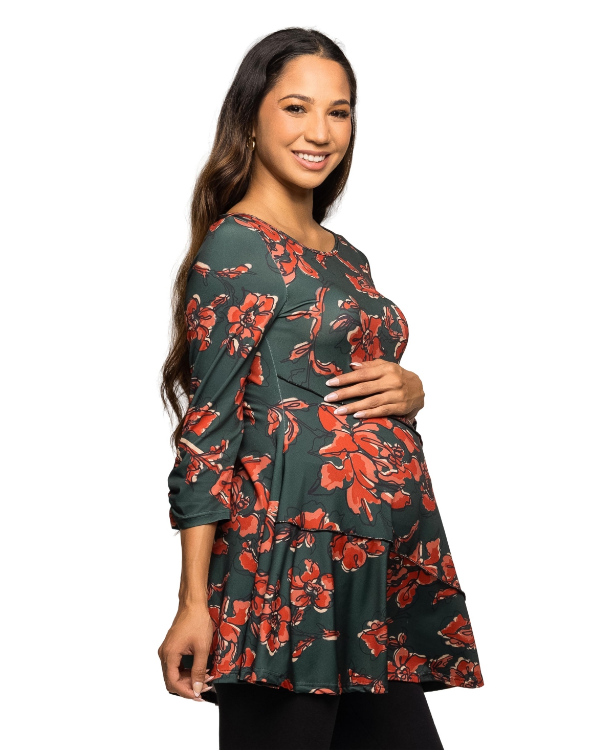 24seven Comfort Apparel Floral Print Three Quarter Sleeve Tunic Top In Blue