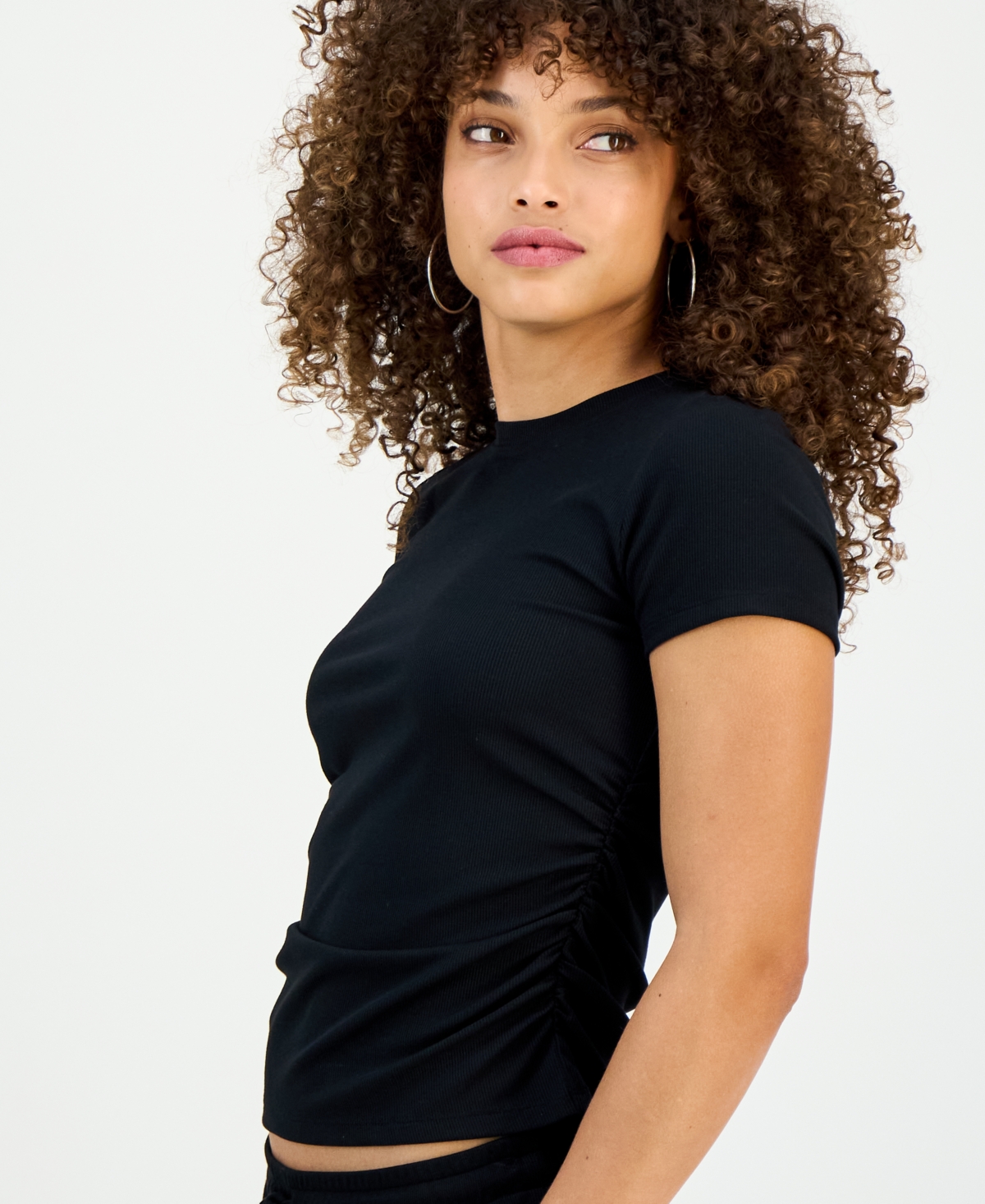 Inc International Concepts Petite Side-ruched Ribbed Knit T-shirt, Macy's Exclusive In Black