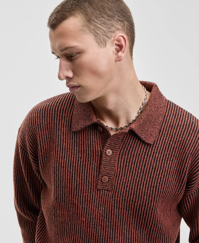 Men's Relaxed Fit Plaited Long Sleeve Polo Sweater - thumbnail 4
