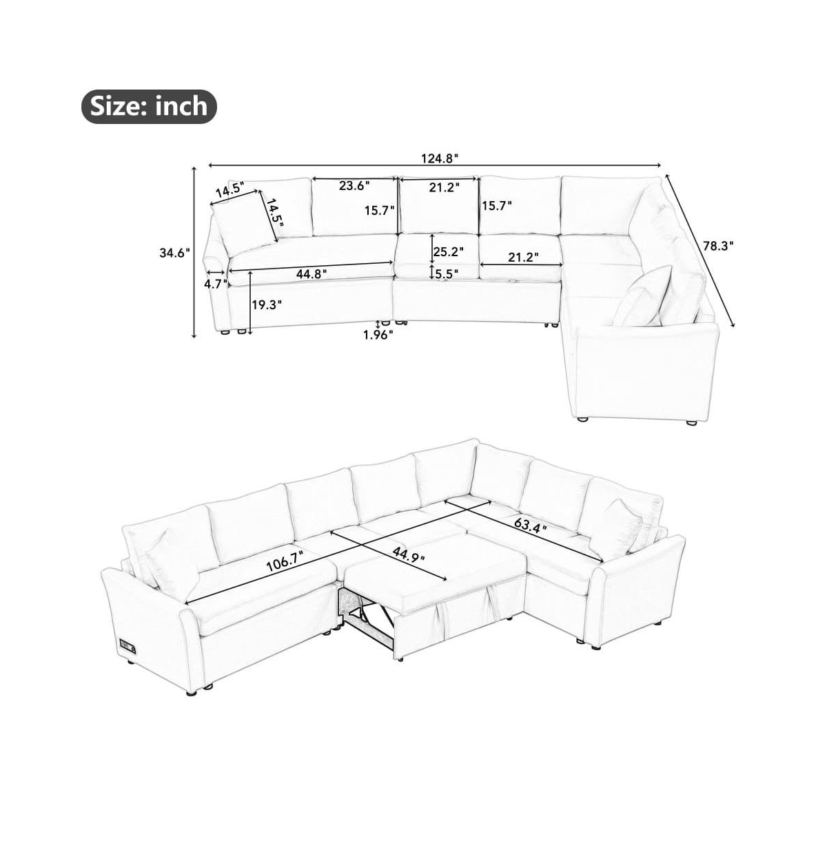 Maison Boucle 124.8'' L-Shaped Pull Out Sleeper Sofa Bed with Usb Ports & Power Outlets, Convertible Sectional Couch for Living Room