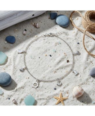 Multi Charm Dangle Anchor Sailboat Ship Wheel Sea Shell Anklet Ankle Bracelet Sterling Silver Adjustable 9 To 10 Inch