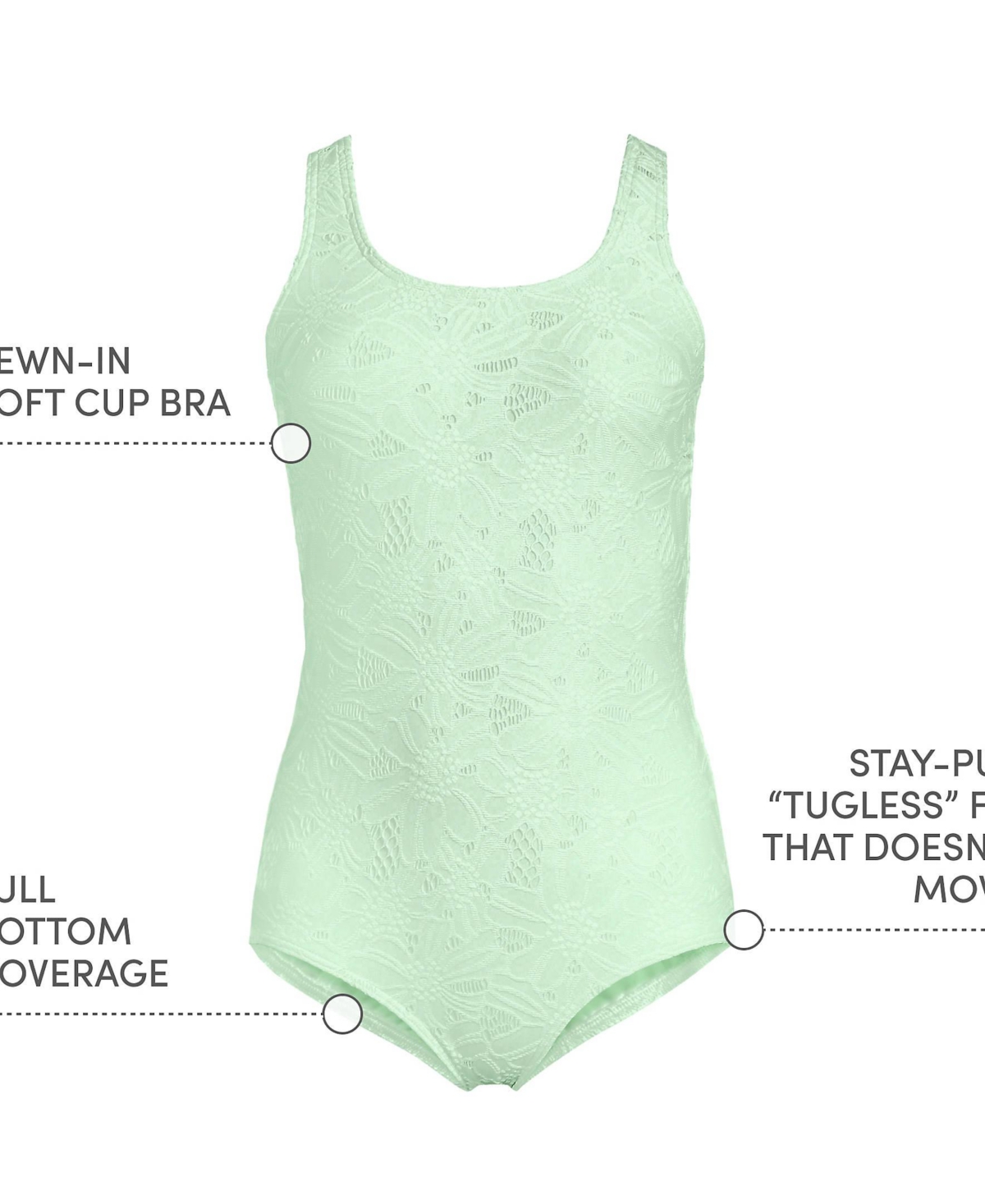 Lands' End Women's Tugless Low Leg Lace One Piece Swimsuit