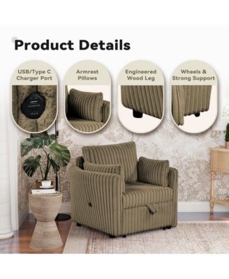  1 Pc  Fabric Upholstered, USB-A & USB-C Ports, Pillows  Pullout Sleeper, Space-Saving Design  Convertible Sofa Bed Chair