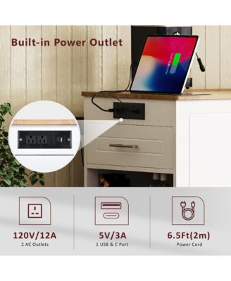 Fluted Kitchen Island with Trash Can Cabinet, Power Outlet, 3 Drawers, Open Racks, Fits 10 Gallon Bin, Wheels