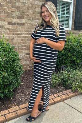 Maternity White Striped Side Slit Maxi Dress