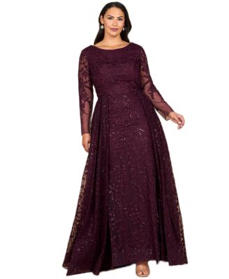 Women's Long Sleeve Gown with Overskirt & Illusion Neckline