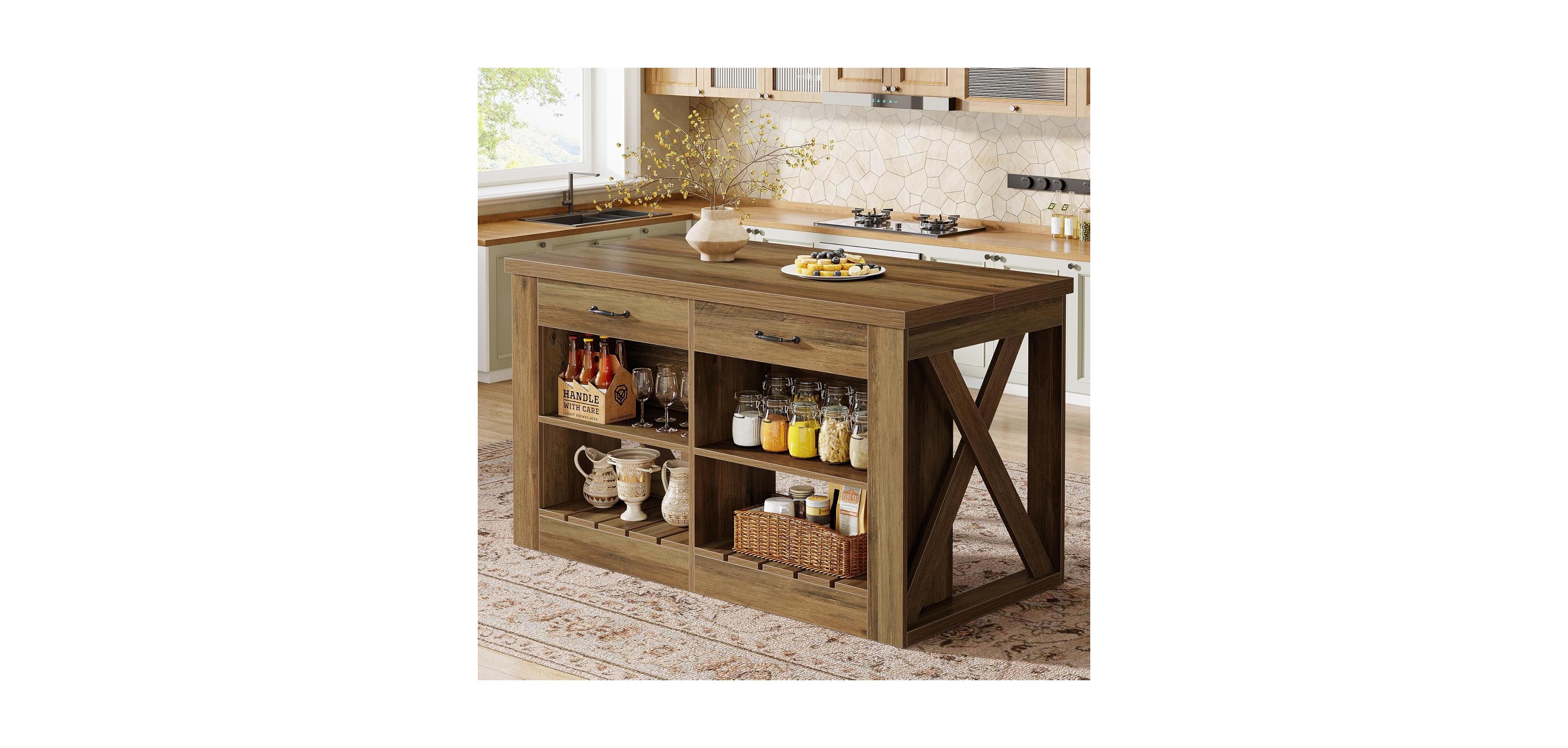 Tribesigns Kitchen Island with Storage and Seating, 55" Farmhouse Stationary Island Table