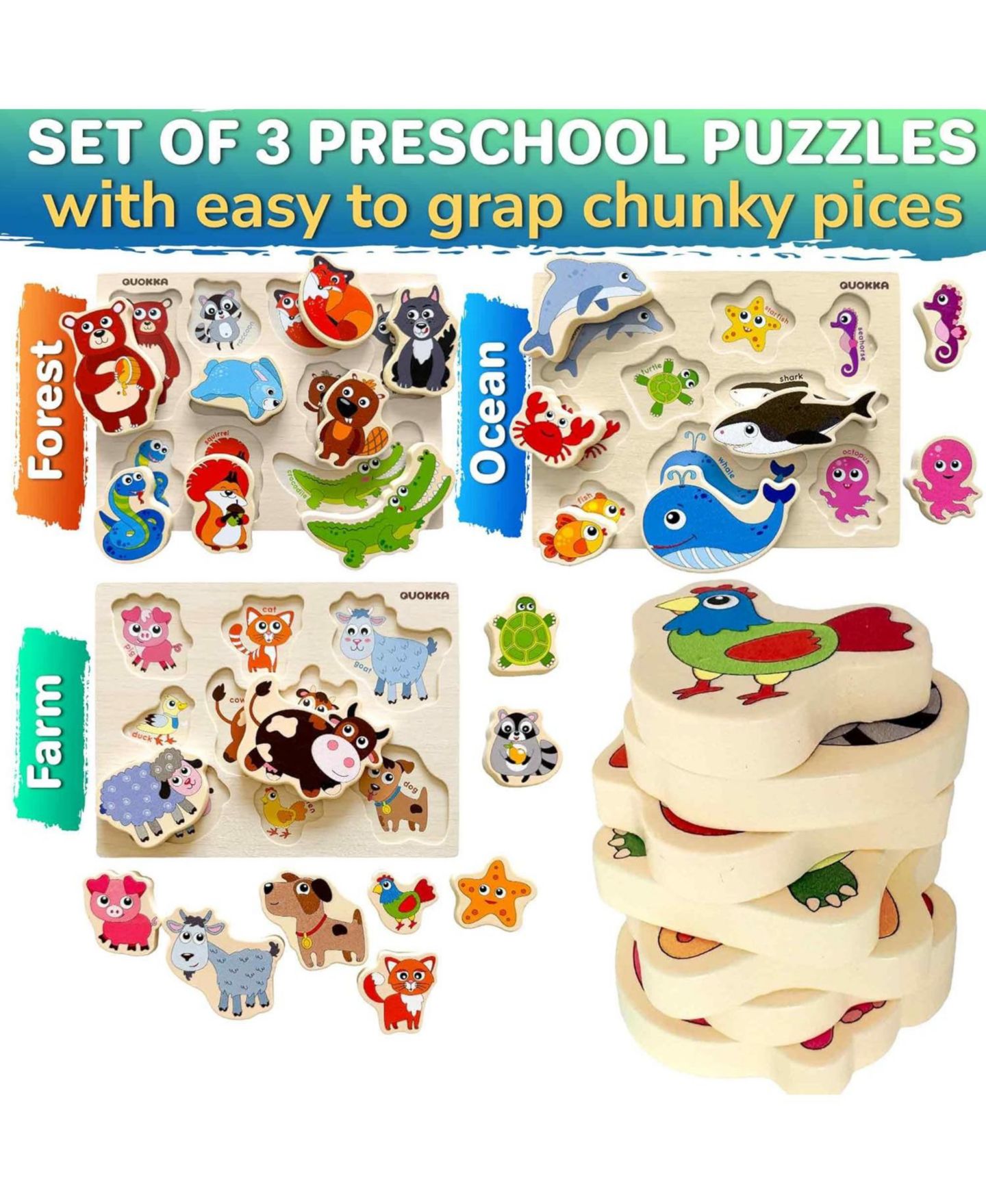 Детские игрушки Quokka Safari Animals Chunky Wooden Puzzle Set, 75-Piece, Ages 2+, цвет: Safarianimals — фото 3