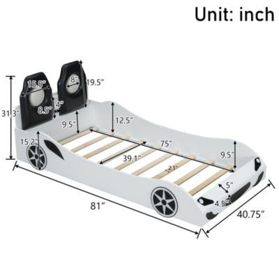 Wood Twin Size Race Car-Shaped Platform Bed with LED and Upholstered Backrest, White