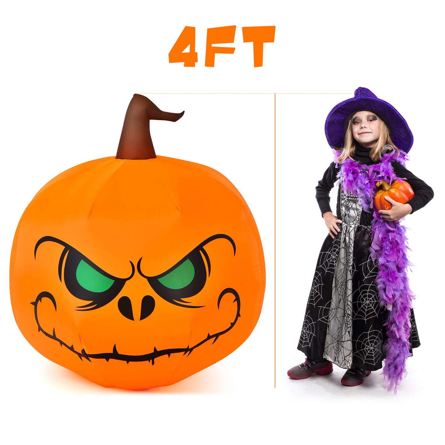 Детская игрушка Costway 4 FT Halloween Inflatable Pumpkin Large Blow up with Build-in LED, цвет: Оранжевый — фото 8