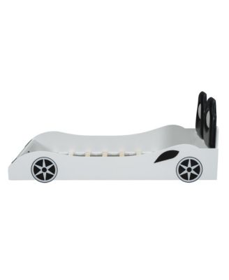 Wood Twin Size Race Car-Shaped Platform Bed with LED and Upholstered Backrest, White