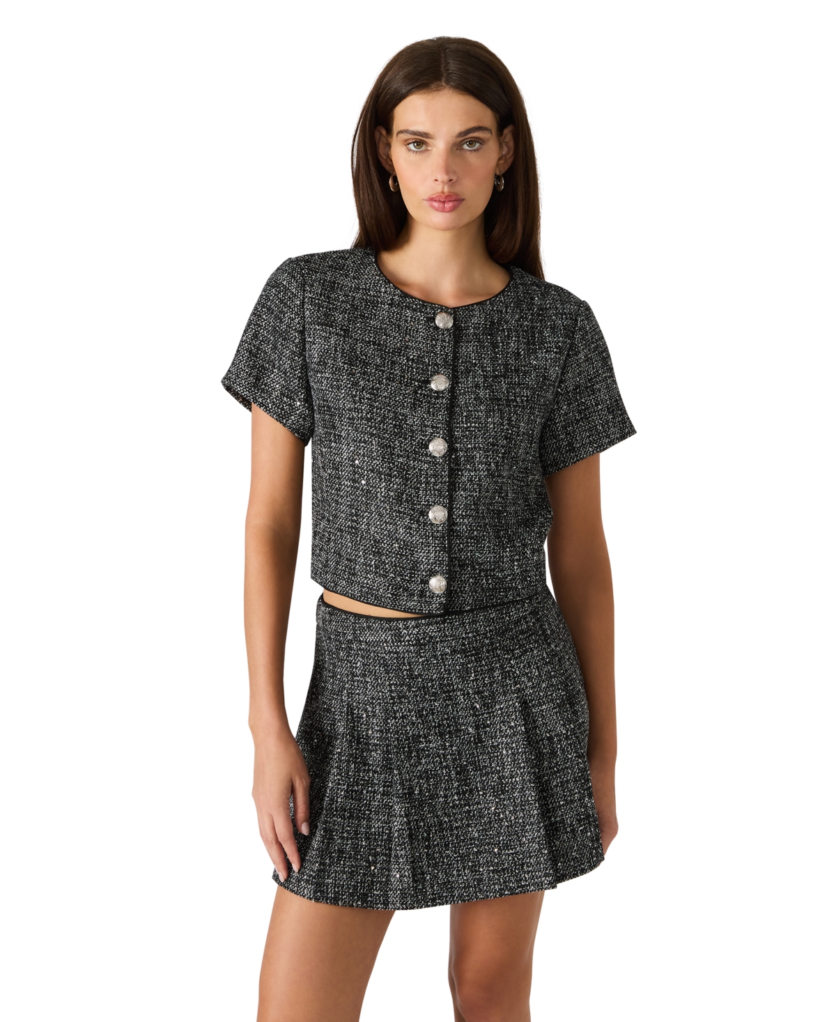 Steve Madden Women's Sequin Tweed Short Sleeves Top In Black