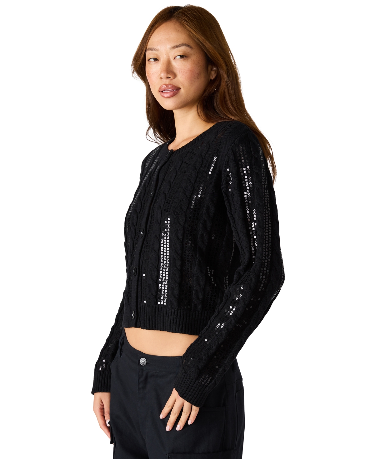 Steve Madden Women's Braided Sequin Cable Knit Cardigan