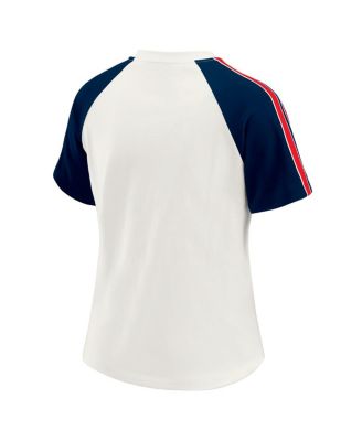 Women's White New England Patriots Sleeve Stripe Distressed Raglan T-Shirt