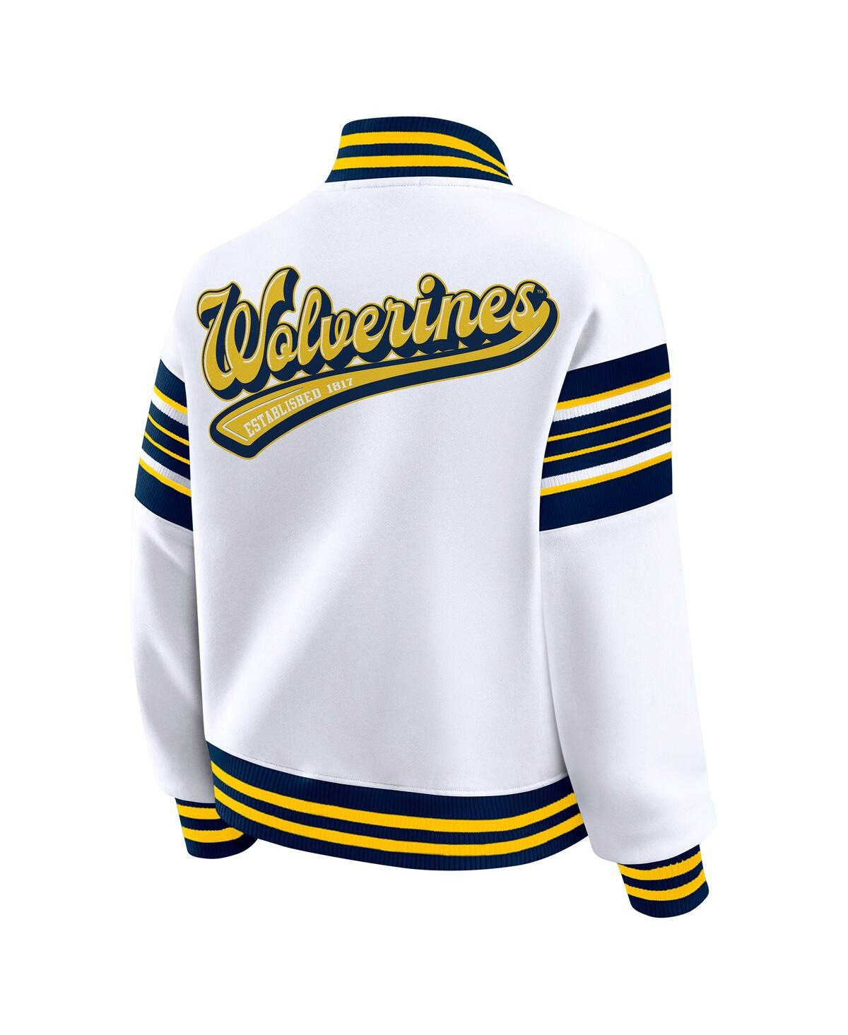Wear By Erin Andrews Women's White/navy Michigan Wolverines Satin Stitch Full-snap Fleece Sweatshirt Jacket In White