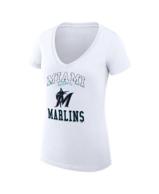 Women's White Miami Marlins Super-Slim Fit Lightweight Team Logo Graphic V-Neck T-Shirt