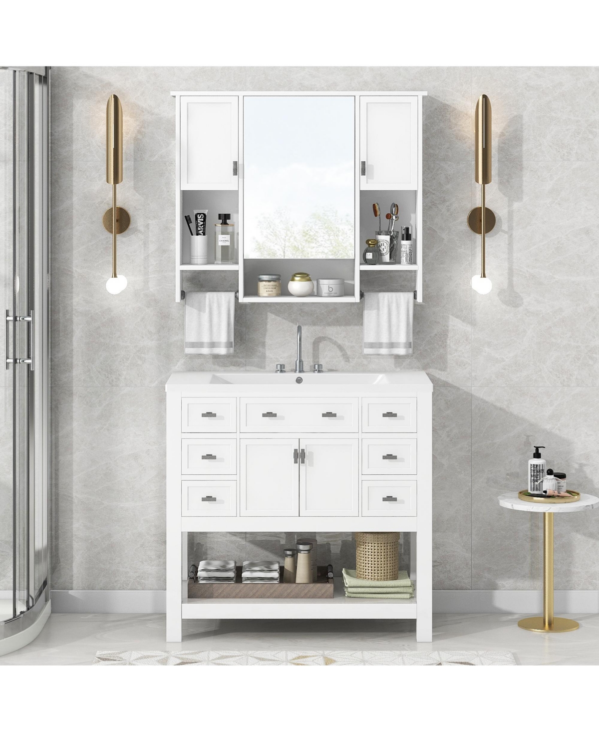 Casainc 36'' Bathroom Vanity with Top Sink, Mirror Cabinet with Towel Bar, 2 Doors & 6 Drawers