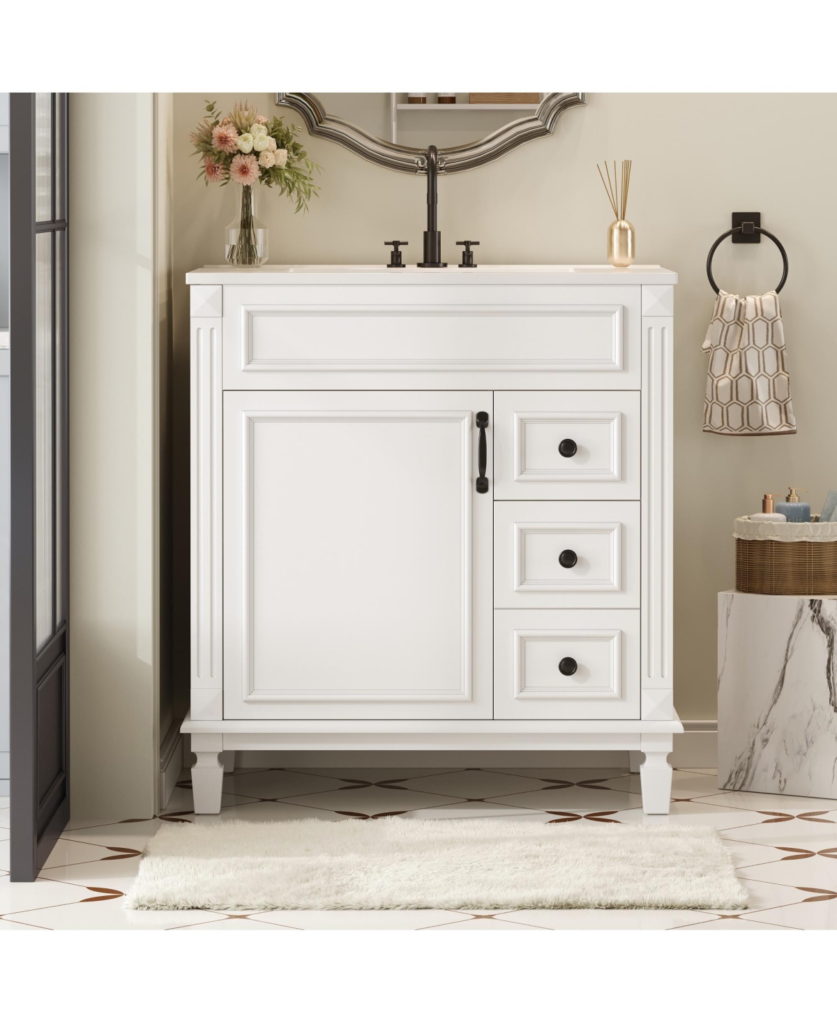 Casainc 30-Inch Bathroom Vanity with Ceramic Sink, Small Cabinet, 2 Drawers & Adjustable Storage Shelf
