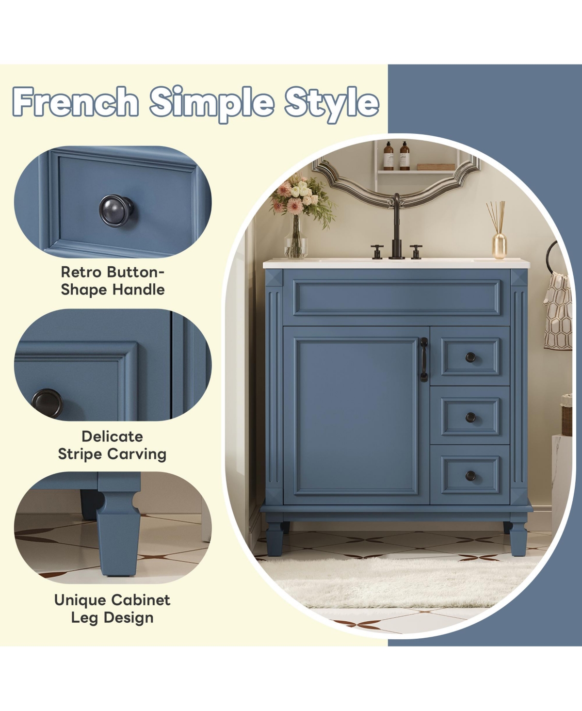 Casainc 30-Inch Bathroom Vanity with Ceramic Sink, Small Cabinet, 2 Drawers & Adjustable Storage Shelf