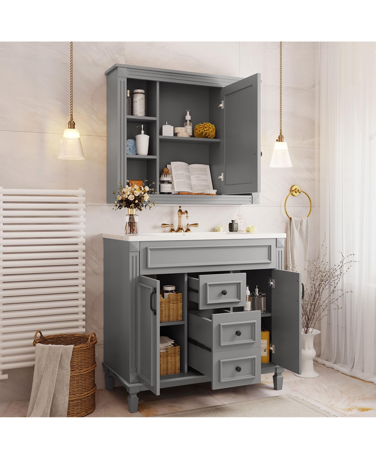 Casainc 36'' Bathroom Vanity with Top Sink, Mirror Cabinet, 2 Soft Closing Doors & Drawers